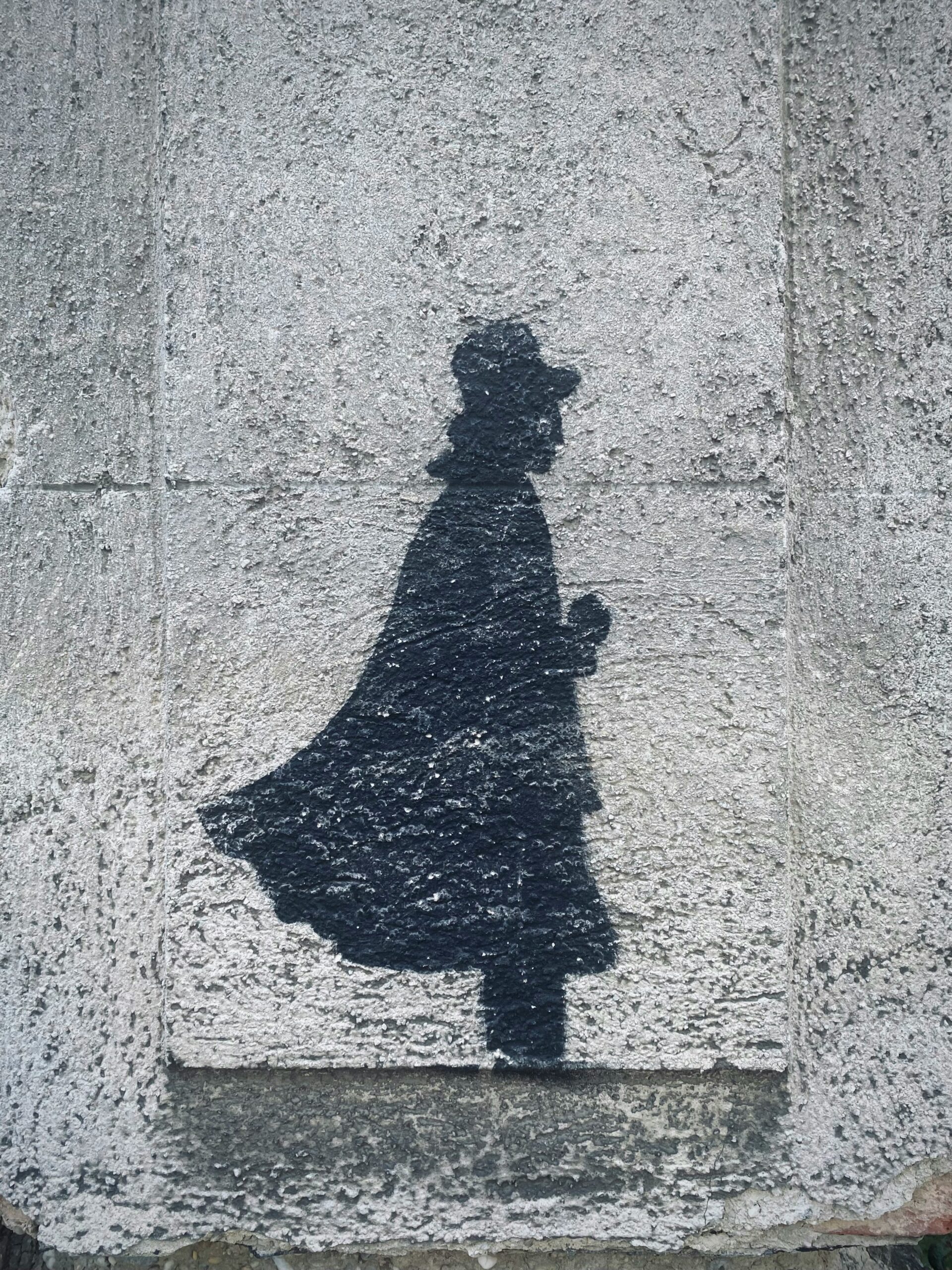 a shadow of a woman in a hat and coat