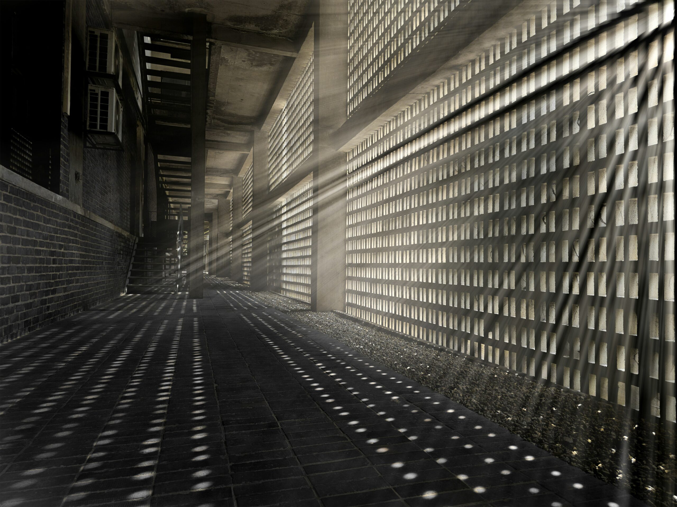 A black and white photo of a hallway